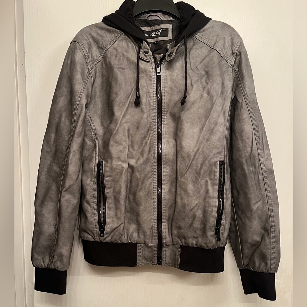 Men’s Small Black Rivet faux leather jacket with hood.